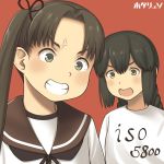  2girls anger_vein angry artist_name ayanami_(kantai_collection) black_eyes black_hair braid brown_hair brown_neckwear brown_sailor_collar clenched_teeth clothes_writing hair_between_eyes hotaryuso isonami_(kantai_collection) kantai_collection long_hair multiple_girls neckerchief open_mouth red_background sailor_collar school_uniform serafuku shirt side_ponytail sidelocks simple_background t-shirt teeth twin_braids upper_body white_shirt 