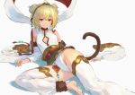  1girl andira_(granblue_fantasy) animal_ears bangs bare_shoulders barefoot blonde_hair breasts circlet closed_mouth commentary_request detached_leggings detached_sleeves erune eyebrows_visible_through_hair granblue_fantasy hagoromo hair_between_eyes hairband leotard looking_at_viewer lying monkey_ears monkey_girl monkey_tail red_eyes shadow shawl small_breasts smile soles tail two_side_up wasabi60 white_background white_legwear white_leotard white_sleeves wide_sleeves 