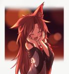 1girl :d ^_^ animal_ear_fluff animal_ears artist_name bare_shoulders brooch brown_hair closed_eyes commentary dress fang hands_on_own_cheeks hands_on_own_face happy imaizumi_kagerou jewelry lirilias long_hair long_sleeves open_mouth red_nails smile touhou wide_sleeves wolf_ears 