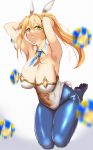  1girl absurdres animal_ears armpits arms_behind_head artoria_pendragon_(all) artoria_pendragon_(swimsuit_ruler)_(fate) blonde_hair blue_legwear breasts bunny_ears bunny_girl bunny_tail bunnysuit cleavage collar fate/grand_order fate_(series) fishnet_pantyhose fishnets green_eyes highres kisaragi_(legobionicle23) large_breasts long_hair midriff navel necktie pantyhose poker_chip ponytail simple_background solo tail white_background 