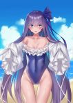  1girl :o absurdres ass_visible_through_thighs bangs bare_shoulders beach blue_eyes blue_ribbon blue_swimsuit blush breasts casual_one-piece_swimsuit cleavage cloud cloudy_sky collarbone covered_navel cowboy_shot day eyebrows_visible_through_hair fate/grand_order fate_(series) frilled_sleeves frilled_swimsuit frills hair_ribbon highres jmao long_hair long_sleeves looking_at_viewer meltryllis meltryllis_(swimsuit_lancer)_(fate) ocean one-piece_swimsuit open_mouth outdoors puffy_long_sleeves puffy_sleeves purple_eyes ribbon sky sleeves_past_fingers sleeves_past_wrists small_breasts solo swimsuit thigh_gap thighs very_long_hair water wide_hips 