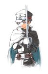  1boy alec_(arc_the_lad) arc_s0222 arc_the_lad arc_the_lad_iii black_hair brown_eyes cape closed_mouth commentary_request gloves goggles goggles_on_headwear hat simple_background solo sword uniform weapon 