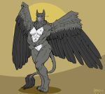  absurd_res anthro avian bird breasts european_mythology feathered_wings feathers female greasymojo greek_mythology gryphon hi_res looking_at_viewer muscular muscular_female mythology nipples nude one_eye_closed pussy smile solo standing wings wink 