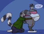  anthro clothed clothing dialogue duo english_text female greasymojo hi_res kneeling lemur male mammal nipple_outline overweight overweight_female pregnant primate procyonid raccoon smile standing strepsirrhine tape_measure text 