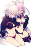  2girls agrius_metamorphosis ahoge animal_ears arm_around_shoulder atalanta_(alter)_(fate) atalanta_(fate) bangs bikini black_bikini black_choker black_gloves black_jacket black_legwear blush breasts cat_ears choker cis05 collar commentary_request drunk eyebrows_visible_through_hair fate/grand_order fate_(series) fingernails from_side gloves green_eyes jacket jeanne_d&#039;arc_(alter_swimsuit_berserker) jeanne_d&#039;arc_(fate)_(all) large_breasts long_fingernails long_hair medium_breasts multiple_girls navel o-ring o-ring_bikini o-ring_bottom o-ring_top shrug_(clothing) silver_hair sitting swimsuit tail thighhighs very_long_hair yellow_eyes 