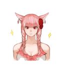  1girl absurdres animal_ears bangs braid breasts cat_ears cleavage earrings facial_mark final_fantasy final_fantasy_xiv flower hair_flower hair_ornament highres jewelry kkaebing large_breasts long_hair looking_at_viewer miqo&#039;te pink_eyes pink_hair pink_theme red_flower simple_background solo sparkle twin_braids upper_body white_background 