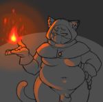 anthro balls clothed clothing eroborus fire gynomorph intersex leliel magic overweight partially_clothed penis simple_background solo 