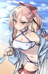  &gt;:( 1girl absurdres bare_shoulders beach bikini bikini_under_clothes blush braid breasts cleavage closed_mouth collarbone criss-cross_halter day eyebrows_visible_through_hair food girls_frontline hair_between_eyes hair_ornament hairclip halterneck hexagram highres holding holding_food jingo leaning_forward long_hair looking_at_viewer medium_breasts navel negev_(girls_frontline) ocean off_shoulder open_clothes outdoors pink_hair ponytail popsicle red_eyes side_braid solo star_of_david sweat swimsuit thigh_strap tsurime v-shaped_eyebrows water white_bikini 