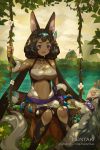  1girl :d animal animal_ears arrow bangs bare_shoulders black_hair black_legwear braid breasts brown_sky cleavage cloud cloudy_sky collarbone commentary dark_skin dragalia_lost english_commentary hair_ornament hairband hentaki highres holding knees_together_feet_apart laranoa long_hair low_twintails medium_breasts navel open_mouth outdoors purple_eyes quiver red_eyes river sitting sky smile swing thighhighs twintails very_long_hair water wolf 