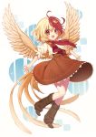  1girl :d ahoge animal animal_on_head bangs bird blonde_hair blush boots brown_dress brown_footwear chick commentary_request dress eyebrows_visible_through_hair feathered_wings full_body hair_between_eyes highres kyouda_suzuka looking_at_viewer multicolored_hair niwatari_kutaka on_head open_mouth puffy_short_sleeves puffy_sleeves red_eyes red_hair red_neckwear shirt short_dress short_hair short_sleeves smile solo tail_feathers touhou two-tone_hair white_background white_shirt wings yellow_wings 
