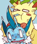  2019 absurd_res ambiguous_gender blue_eyes bodily_fluids dlrowdog drinking duo eeveelution hi_res leafeon nintendo pok&eacute;mon pok&eacute;mon_(species) straw sweat vaporeon video_games what 