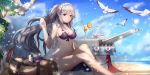  1girl azur_lane bag bangs beach bikini bird black_choker blue_sky breasts butterfly_hair_ornament cannon chinese_commentary choker closed_mouth cloud cloudy_sky cocktail cocktail_glass commentary_request cup day dove drinking_glass dunkerque_(azur_lane) dunkerque_(summer_sucre)_(azur_lane) earbuds earphones expressionless food front-tie_bikini front-tie_top grey_hair hair_between_eyes hair_ornament hairband highres large_breasts long_hair long_ponytail looking_at_viewer lotion macaron moyude_wangzi_jiang navel ocean outdoors palm_leaf ponytail red_eyes rigging sand shade shadow sidelocks sitting sky solo stomach sunscreen swimsuit water 