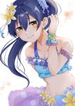  1girl bangs bare_shoulders bikini blue_bikini blue_hair blush closed_mouth collarbone commentary_request earrings eyebrows_visible_through_hair flower frilled_bikini frills hair_between_eyes hair_flower hair_ornament highres jewelry long_hair looking_at_viewer love_live! love_live!_school_idol_festival love_live!_school_idol_project side_ponytail simple_background smile solo sonoda_umi standing swimsuit upper_body white_background yellow_eyes zunda_mochi_(zundamochilala) 