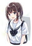  1girl :d backpack bag blue_eyes blush bow bowtie brown_hair burenbo collarbone cropped_torso long_hair looking_at_viewer open_mouth original ponytail sailor_collar school_uniform shirt short_sleeves sidelocks smile solo two-tone_background white_background white_sailor_collar white_shirt 