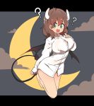  1girl ? absurdres blush breasts brown_hair bural_chingu demon_girl demon_horns demon_tail full_body green_eyes hair_between_eyes ham_na-bi highres horns huge_breasts long_hair looking_at_viewer luke_(dydansgur) moon naked_shirt night night_sky nipples open_mouth shirt short_twintails sky smile solo tail twintails 