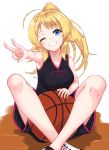  1girl bangs basketball black_shorts black_tank_top blonde_hair blue_eyes blush breasts clothes_writing commentary_request crossed_ankles eyebrows_visible_through_hair grin hachimiya_meguru head_tilt high_ponytail highres idolmaster idolmaster_shiny_colors knees_up long_hair medium_breasts minikon one_eye_closed outstretched_arm ponytail short_shorts shorts sitting smile solo star tank_top v very_long_hair 