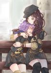  2girls bernadetta_von_varley blush bracelet brown_hair cabbie_hat choker crying dorothea_arnault earrings fire_emblem fire_emblem:_three_houses green_eyes hat head_in_chest hood hug jewelry limitless_skye long_hair multiple_girls purple_hair short_hair thighs wavy_hair 