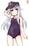  1girl adjusting_clothes adjusting_hat alternate_costume artist_logo ass_visible_through_thighs badge blue_eyes blue_swimsuit blush collarbone covered_navel cowboy_shot dated eyebrows_visible_through_hair feet_out_of_frame flat_cap flat_chest hair_over_shoulder hairband hat hibiki_(kantai_collection) highres kanon_(kurogane_knights) kantai_collection long_hair looking_at_viewer new_school_swimsuit one-piece_swimsuit revision school_swimsuit signature silver_hair simple_background solo swimsuit white_background white_hair 
