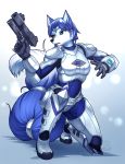  2019 absurd_res anthro armor blue_hair canid canine digital_media_(artwork) dipstick_tail female fox gun hair hi_res holding_object holding_weapon krystal mammal multicolored_tail mykegreywolf nintendo ranged_weapon short_hair solo star_fox tailband video_games weapon 