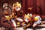  1boy 1girl alalen animal_ears aqua_eyes artist_name blonde_hair bow brother_and_sister claw_pose collar copyright_name dated fang full_body garters hair_bow hair_ornament hairclip highres kagamine_len kagamine_rin lion_ears lion_tail looking_at_viewer open_mouth pleated_skirt short_hair shorts siblings skin_fang skirt smile sock_garters tail twins vocaloid white_skirt 