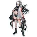  1girl animal_ears arknights arrow bag bare_legs black_footwear black_hair black_shorts bow_(weapon) breasts cat_ears cat_girl cat_tail closed_mouth coat crop_top crossbow duffel_bag full_body gradient_hair holding holding_weapon hood hood_down large_breasts liduke long_hair long_legs long_sleeves looking_at_viewer midriff multicolored_hair navel open_clothes open_coat ponytail pouch quiver scarf schwarz_(arknights) scope see-through shoes short_over_long_sleeves short_shorts short_sleeves shorts shoulder_bag silver_hair sleeveless solo standing stomach tail thigh_strap thighs transparent_background v-shaped_eyebrows very_long_hair weapon white_coat yellow_eyes 