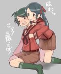  2girls bangs biting black_eyes black_hair black_legwear black_neckwear brown_sailor_collar brown_serafuku brown_shorts brown_skirt ear_biting green_hair grey_background kantai_collection kneehighs kneeling mikuma_(kantai_collection) mogami_(kantai_collection) mogamiya_honu multiple_girls neckerchief open_mouth pleated_skirt sailor_collar school_uniform serafuku short_hair shorts simple_background skirt swept_bangs translation_request 