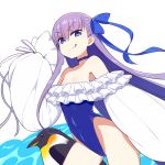  1girl :q bare_shoulders bird blue_eyes chan_co choker covered_navel cowboy_shot eyebrows_visible_through_hair fate/grand_order fate_(series) flat_chest frills hair_ribbon leotard long_hair meltryllis meltryllis_(swimsuit_lancer)_(fate) penguin purple_hair ribbon simple_background single_sidelock sleeves_past_wrists solo tongue tongue_out very_long_hair white_background 