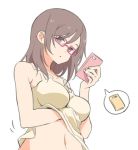  1girl artist_request bare_shoulders breasts brown_hair cellphone commentary_request hand_under_clothes joshi_kousei_no_mudazukai kikuchi_akane large_breasts long_hair navel phone pink-framed_eyewear solo tank_top white_background 