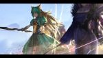  3girls amulet animal_ears atalanta_(fate) blonde_hair blurry bow_(weapon) cat_ears collar depth_of_field dress fate/grand_order fate_(series) foreshortening fur_collar gloves green_eyes green_hair juliet_sleeves long_hair long_sleeves multiple_girls otsumami_(bu-bu-heaven) puffy_sleeves purple_hair scathach_(fate)_(all) scathach_skadi_(fate/grand_order) tiara two_side_up wand weapon 