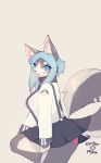  2019 anthro blue_eyes blue_hair blush bottomwear breasts canid canine canis clothed clothing collar countershading digital_media_(artwork) domestic_dog electrycpynk female fur grey_fur hair husky inner_ear_fluff looking_at_viewer mammal nordic_sled_dog open_mouth panties shirt signature simple_background skirt smile solo spitz suspenders topwear underwear white_countershading white_fur 