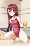  1girl barefoot basin bathroom bathtub bow brown_eyes collarbone commentary_request competition_swimsuit hair_bow highres indoors kamikaze_(kantai_collection) kantai_collection long_hair minase_(takaoka_nanase) one-piece_swimsuit purple_eyes purple_hair red_swimsuit solo sponge squatting swimsuit yellow_bow 