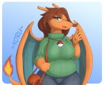  anthro anthrofied big_breasts blue_eyes breasts brown_hair charizard clothed clothing female hair huge_breasts jewelry mature_female necklace nintendo open_mouth pok&eacute;mon pok&eacute;mon_(species) simple_background slightly_chubby smile solo sweater thick_thighs topwear video_games wide_hips wings yorusagi 