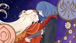  2girls absurdres arm_guards blue_background blue_hair blush byleth_(fire_emblem) byleth_(fire_emblem)_(female) cluniies edelgard_von_hresvelg eye_contact fire_emblem fire_emblem:_three_houses flower gauntlets gloves highres hug long_hair looking_at_another medium_hair miko_embrace multiple_girls parody red_gloves silver_hair star tiara upper_body very_long_hair yuri 