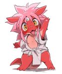  2016 4_fingers ambiguous_gender anthro big_eyes big_head blush clothed clothing cub cute_fangs dagasi fingers front_view gesture hair happy hi_res horn japanese japanese_clothing looking_at_viewer open_clothing open_mouth pink_hair red_scales scales scalie simple_background solo standing teeth tongue waving white_background yellow_eyes young 