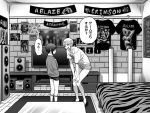  1boy 1girl :d bangs banner bed bedroom fang glasses greyscale monochrome off_shoulder open_mouth original shirt shirt_removed shorts smile stereo t-shirt table television translated yanagida_fumita 