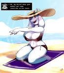  anthro areola areola_slip beach big_breasts bikini bovid breasts caprine cleavage clothed clothing dialogue digital_media_(artwork) female fur goat hat headgear headwear hi_res horn kneeling looking_at_viewer mammal mature_female nipple_outline one_eye_closed outside red_eyes seaside smile solo swimwear talking_to_viewer thick_thighs tinselbar22 toriel undertale video_games water white_fur wink 