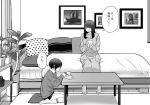 1boy 1girl :d bangs bed bedroom blush cactus cake cup eating food fork glasses greyscale monochrome open_mouth original painting_(object) pillow plant potted_plant shorts sitting smile table translated wariza yanagida_fumita 