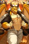  anthro biped clothed clothing coat_cape detailed_background dragon drks hi_res horn male membrane_(anatomy) membranous_wings multicolored_scales muscular muscular_male open_shirt ophion pendant scales scalie spikes suspenders tokyo_afterschool_summoners two_tone_scales video_games wings yellow_scales 