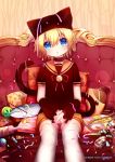  1boy absurdres alalen animal_hat bell blonde_hair blue_eyes blush candy candy_cane cat_hat chips choker fish food hair_between_eyes hat highres kagamine_len lollipop looking_at_viewer male_focus open_mouth potato_chips sailor_collar short_shorts shorts thighhighs vocaloid white_legwear 