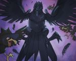  2019 absurd_res ambiguous_gender avian beak bird claws corviknight feathers feral flying hi_res looking_at_viewer murkrow nintendo open_mouth opokemaniac pok&eacute;mon pok&eacute;mon_(species) purple_background red_eyes sharp_claws simple_background smile spread_wings toe_claws tongue video_games wings 