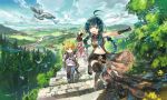  2boys 2girls backpack bag bird black_eyes black_hair blonde_hair blue_eyes blue_hair blurry braid capelet city closed_eyes cloud depth_of_field fang fantasy fingerless_gloves gloves highres hill horizon konno_takashi landscape long_hair looking_back looking_up midriff multiple_boys multiple_girls navel ocean open_mouth original outdoors red_hair river scabbard scenery sheath short_hair shorts sidelocks signature single_braid sky smile spiked_hair stairs standing standing_on_one_leg sword thighhighs tree walking weapon weapon_on_back 
