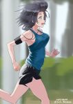  1girl armband autism_wanderer black_shorts blue_shirt blurry blurry_background bouncing_breasts braid breasts commentary dated depth_of_field digital_media_player earbuds earphones from_side girls_und_panzer gym_shorts highres medium_breasts no_bra open_mouth pantylines pepperoni_(girls_und_panzer) running shirt short_shorts shorts side_braid smile solo sweat tank_top twitter_username wind 
