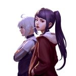 2girls ahoge cigarette dana_zane hands_in_pockets highres hood hooded_jacket jacket jill_stingray lips long_hair looking_at_viewer multiple_girls nose purple_hair red_eyes short_hair sidelocks simple_background smoking twintails upper_body va-11_hall-a white_background white_hair zhong_lin 