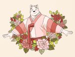  2018 anthro canid canine clothing digital_media_(artwork) flower fur half-length_portrait japanese_clothing kemono looking_at_viewer male mammal plant portrait simple_background smile solo syukapong white_fur 