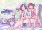  1boy 6+girls :d ^_^ ahoge bangs barefoot beach_umbrella blunt_bangs brown_eyes brown_hair chair closed_eyes commentary_request dutch_angle eyebrows_visible_through_hair frilled_swimsuit frills green_headwear hairband kemurikusa lolita_hairband long_hair looking_at_another multiple_girls open_mouth pink_eyes pink_swimsuit plant profile red_hair riku_(kemurikusa) rina_(kemurikusa) riri_(kemurikusa) ryou_(kemurikusa) ryouku_(kemurikusa) short_hair sideways_mouth sitting smile sunglasses swimsuit table umbrella usapenpen2019 wakaba_(kemurikusa) water 