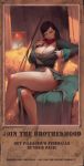  1girl absurdres areola_slip areolae belt black_hair breasts brown_eyes cleavage crossed_legs cutesexyrobutts defias_pillager highres huge_breasts long_hair paid_reward parted_lips patreon_reward poster signature sitting solo staff thick_thighs thighs warcraft world_of_warcraft 