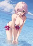  1girl akita_hika bare_shoulders beach bikini black-framed_eyewear blue_sky blush breasts cleavage collarbone fate/grand_order fate_(series) glasses hair_between_eyes hair_over_one_eye highres large_breasts lavender_hair leaning_forward looking_at_viewer mash_kyrielight ocean open_mouth purple_eyes sky smile solo swimsuit swimsuit_of_perpetual_summer white_bikini 