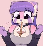  2019 absurd_res ailurid anthro between_breasts beverage breasts bubble_tea choker cleavage clothed clothing dipstick_ears drinking eyelashes female hair hands-free_bubble_tea hi_res jewelry long_hair mammal meme moozua multicolored_ears necklace purple_eyes purple_hair purple_nose red_panda shirt simple_background solo straw tank_top topwear 