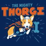  1:1 ambiguous_gender armor blue_background canid canine canis cape clothed clothing cosplay domestic_dog english_text feral fur hammer headgear helmet herding_dog looking_at_viewer mammal marvel pastoral_dog pawpads paws simple_background smile solo superhero text thor tongue tongue_out tools unknown_artist weapon welsh_corgi 