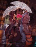  2019 ailurid akiomai anthro canid canine clothed clothing diya duo female flower furlana hi_res male mammal open_mouth outside plant raining red_panda smile standing umbrella 